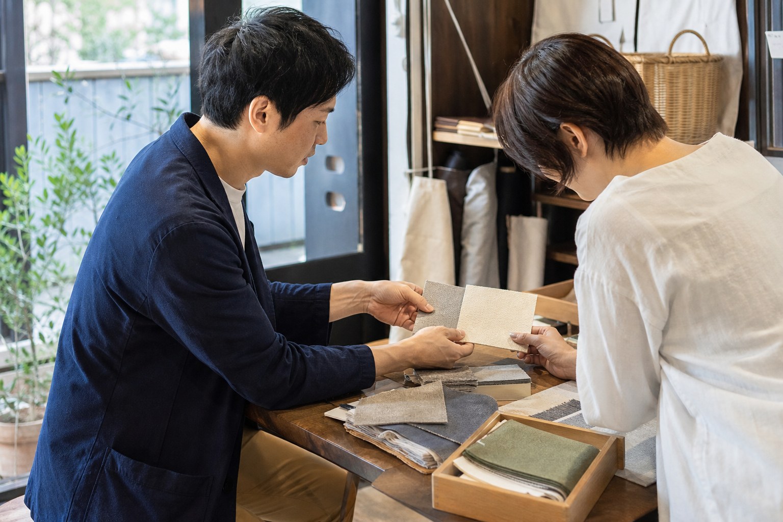 商品サンプルを示しながら、新しい顧客へ提案する小規模事業者